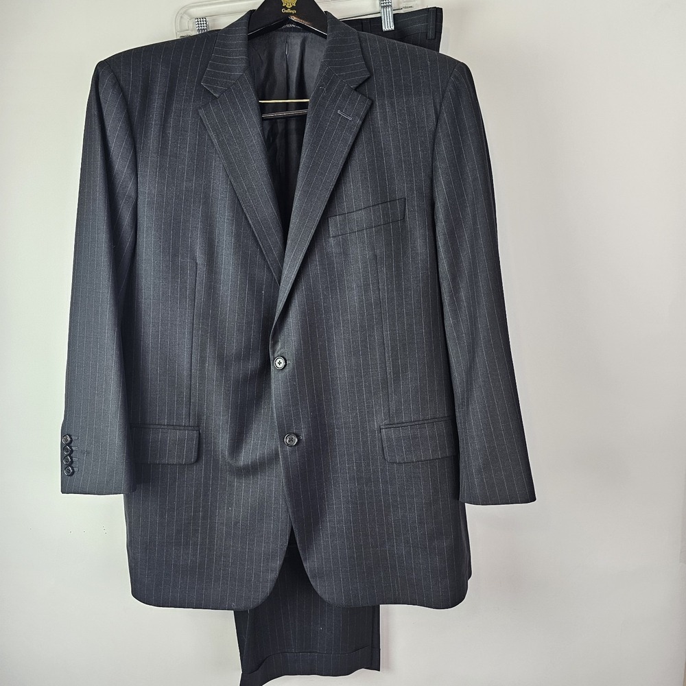 Hickey Freeman Mens 2 Piece Suit 46R 38x28 Dark Gray Striped Cuff Pants & Blazer